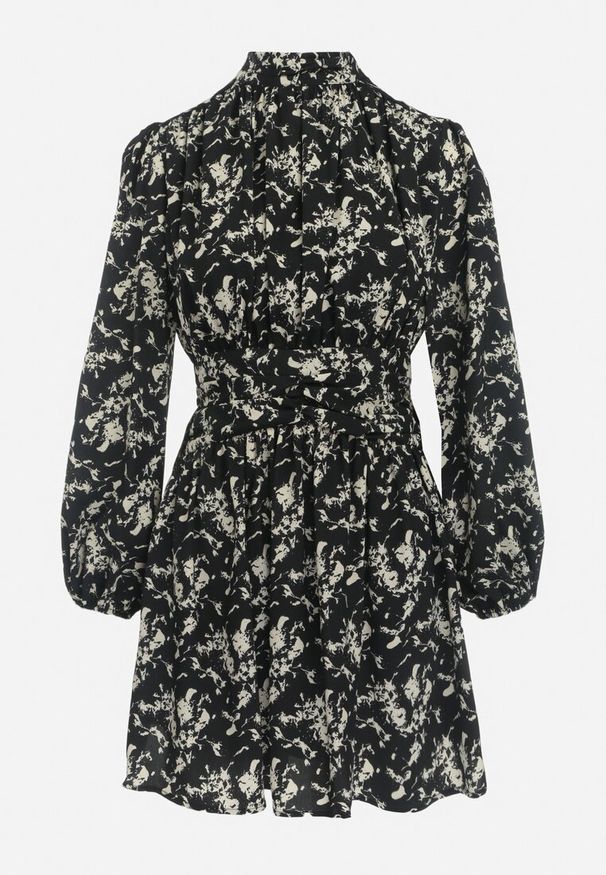 Born2be - Czarna Mini Rozkloszowana Sukienka z Gumkami w Pasie i Guzikami przy Szyi Anagas. Kolor: czarny. Długość: mini