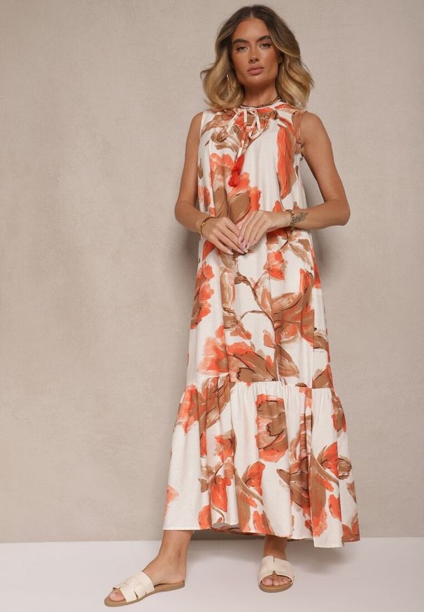 Renee - Pomarańczowa Sukienka z Wiskozą w Kwiaty Liorissa. Okazja: na co dzień. Kolor: pomarańczowy. Materiał: wiskoza. Wzór: kwiaty. Styl: klasyczny, casual, elegancki