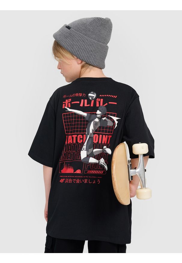 4f - 4F T-shirt oversize z nadrukiem chłopięcy - czarny 146 (10-11 lat). Okazja: na co dzień. Kolor: czarny. Materiał: jersey, dzianina, materiał, bawełna. Wzór: nadruk. Sezon: lato. Styl: casual, klasyczny, sportowy