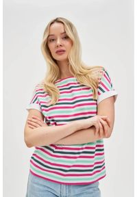 MOODO - T-shirt w paski fuksjowy. Materiał: bawełna, elastan. Wzór: paski