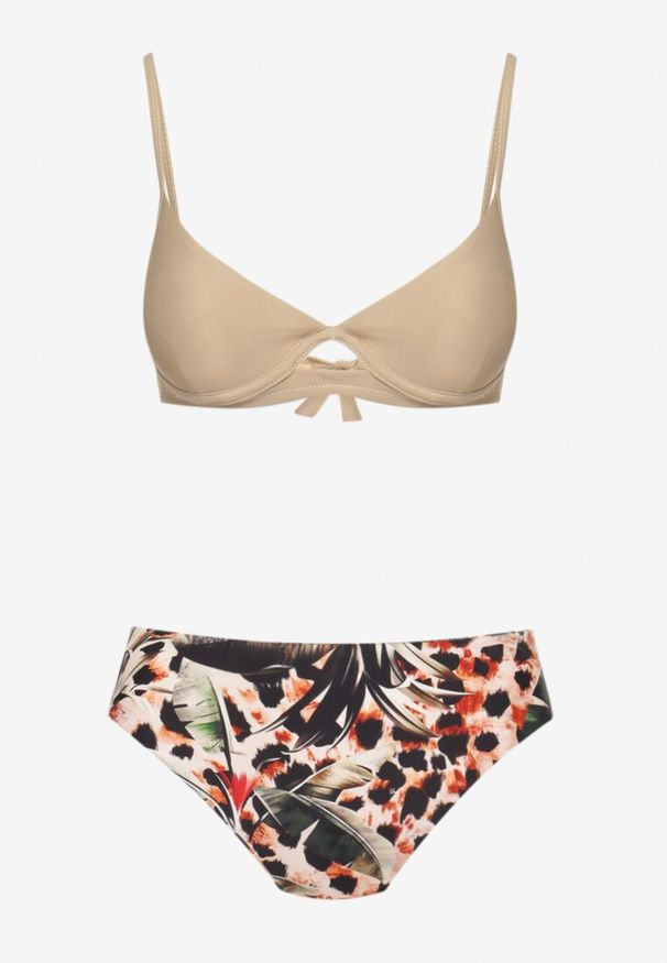 Born2be - Ciemnobeżowe Bikini Strój Kąpielowy Dwuczęściowy z Ozdobnymi Figami Piavera. Kolor: beżowy. Wzór: aplikacja