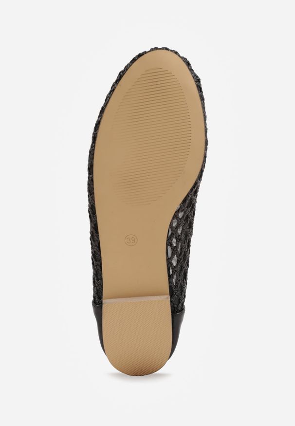 Renee - Czarne Balerinki z Siateczkową Cholewką z Plecionką Zdobione Kokardką Harelaya. Okazja: na spacer. Kolor: czarny. Materiał: jeans. Szerokość cholewki: normalna. Wzór: aplikacja. Sezon: lato. Obcas: na płaskiej podeszwie. Styl: boho, elegancki