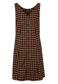 Sukienka z tkaniny z plisą guzikową bonprix brązowy mokka w kratę. Typ kołnierza: dekolt w serek. Kolor: brązowy. Materiał: tkanina, poliester, elastan, wiskoza, materiał #1
