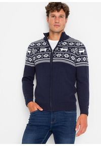 bonprix - Sweter norweski rozpinany z przyjemnej dla skóry bawełny. Kolor: niebieski. Materiał: skóra, bawełna