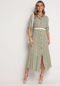 Born2be - Zielona Koszulowa Sukienka Bawełniana Maxi w Kropki o Rozkloszowanym Kroju Lirtia. Kolor: zielony. Materiał: bawełna. Wzór: kropki. Typ sukienki: koszulowe. Długość: maxi #3