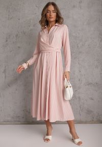 Renee - Różowa Wiskozowa Sukienka o Koszulowym Kroju z Marszczoną Talią Abilera. Okazja: na co dzień. Kolor: różowy. Materiał: wiskoza. Wzór: paski. Typ sukienki: koszulowe. Styl: casual, elegancki, klasyczny #2