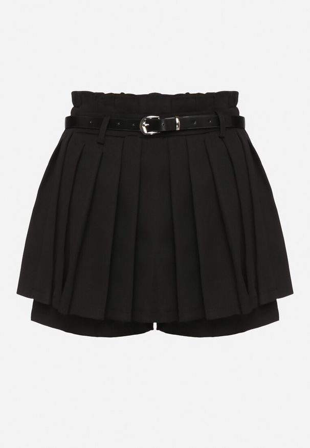 Born2be - Czarne Plisowane Spódnico-Szorty z Wysokim Stanem i Paskiem Emivia. Okazja: na co dzień. Stan: podwyższony. Kolor: czarny. Materiał: satyna. Styl: casual