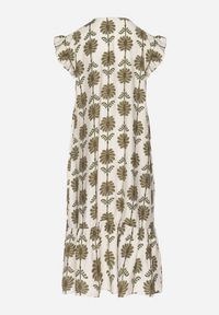 Born2be - Biało-Zielona Kwiatowa Sukienka z Bawełną i Falbanką Efanelia. Okazja: na spacer, na imprezę. Typ kołnierza: dekolt w serek. Kolor: beżowy. Materiał: bawełna. Wzór: kwiaty. Sezon: wiosna, lato. Typ sukienki: proste. Styl: elegancki #7