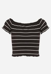 Born2be - Czarny Top z Bawełny Typu Hiszpanka w Paski Lireena. Okazja: na co dzień. Typ kołnierza: dekolt hiszpanka. Kolor: czarny. Materiał: bawełna. Wzór: paski. Sezon: wiosna. Styl: klasyczny, casual