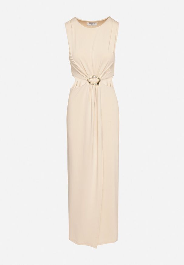 Born2be - Jasnobeżowa Sukienka z Wiskozą Ozdobiona Wycięciami i Metalową Aplikacją Odivaria. Kolor: beżowy. Materiał: wiskoza. Wzór: aplikacja. Styl: klasyczny