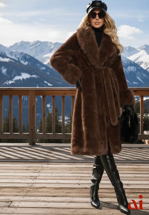 Renee - Brązowy Futrzany Płaszcz z Wiązanym Paskiem Ozdobnym Kołnierzem i Mankietami Viaressa. Okazja: na co dzień. Kolor: brązowy. Materiał: futro. Długość rękawa: długi rękaw. Długość: długie. Styl: casual, rockowy, elegancki