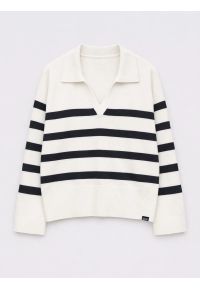 Big-Star - Sweter damski polo w pasy kremowo-czarne Alina 100. Okazja: na co dzień. Typ kołnierza: polo. Kolor: biały. Materiał: wiskoza, skóra. Wzór: gładki, paski. Styl: casual, elegancki #7