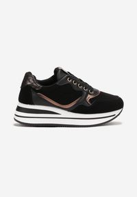 Born2be - Czarne Sneakersy na Platformie z Metalicznymi Wstawkami Boitt. Nosek buta: okrągły. Zapięcie: sznurówki. Kolor: czarny. Materiał: syntetyk, materiał, nubuk. Obcas: na platformie. Wysokość obcasa: niski #5