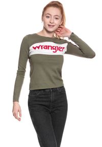 Wrangler - DAMSKI SWETER WRANGLER INTARISA KNIT DEEP LICHEN GRN W800SPW1X. Kolor: brązowy. Wzór: nadruk #8