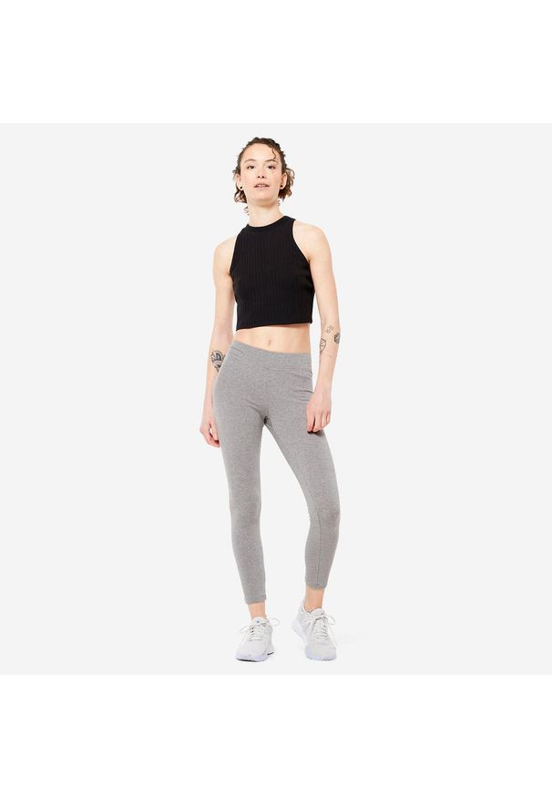 DOMYOS - Legginsy fitness damskie Domyos slim. Kolor: szary. Materiał: bawełna, materiał, elastan. Długość: długie. Sport: fitness