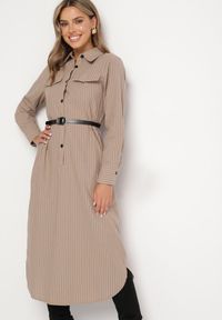 Born2be - Ciemnobeżowa Koszulowa Sukienka na Guziki z Paskiem i Imitacją Kieszeni Tintarra. Kolor: beżowy. Typ sukienki: koszulowe. Styl: elegancki, sportowy, klasyczny #7