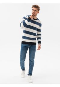 Ombre Clothing - Sweter męski w paski - ciemnoniebieski V1 E189 - XXL. Kolor: niebieski. Materiał: bawełna, dzianina. Wzór: paski. Styl: klasyczny