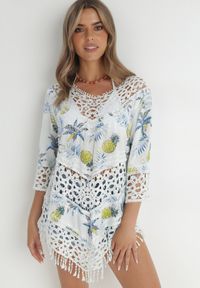 Born2be - Biała Tunika Maxence. Kolor: biały. Materiał: materiał, bawełna. Wzór: kolorowy, ażurowy, aplikacja. Styl: boho, wakacyjny #1