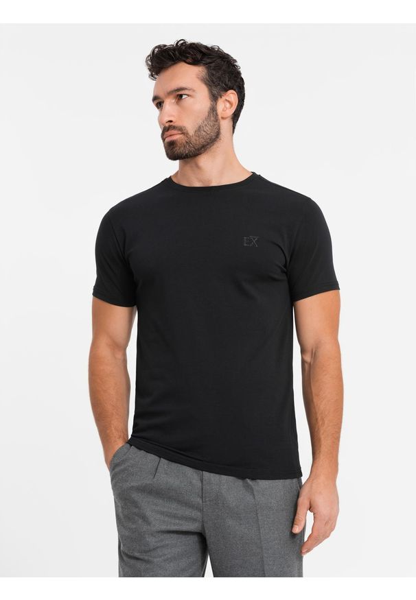 Ombre Clothing - T-shirt męski SLIM FIT z elastanem i printem – czarny V1 - Rozmiar: L. Okazja: na co dzień. Kolor: czarny. Materiał: elastan. Wzór: nadruk. Styl: casual