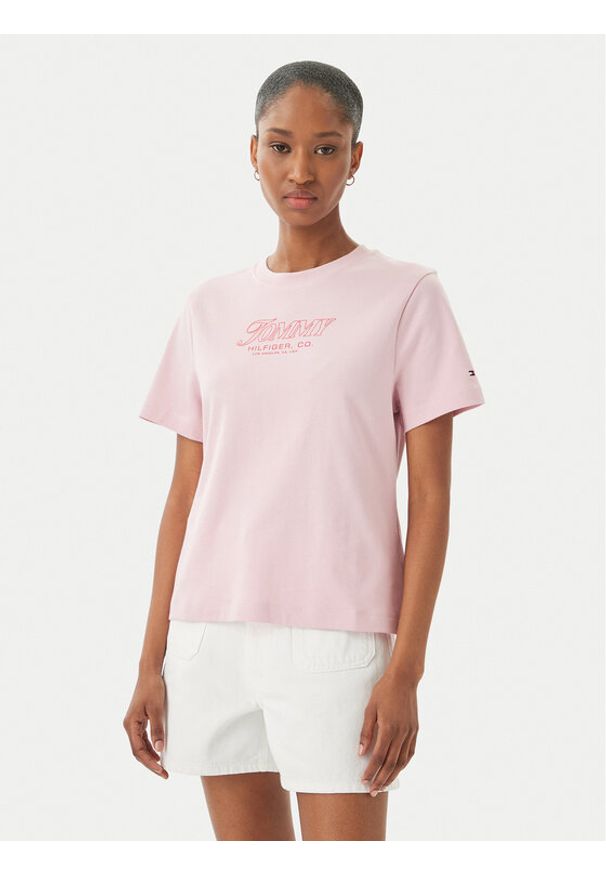 TOMMY HILFIGER - Tommy Hilfiger T-Shirt Logo Interlock WW0WW48707 Różowy jasny Regular Fit. Kolor: różowy. Materiał: bawełna