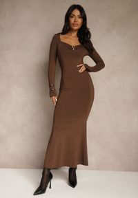 Renee - Brązowa Sukienka Koktajlowa z Wiskozą i Metaliczną Klamrą przy Dekolcie Refire. Okazja: na imprezę. Kolor: brązowy. Materiał: wiskoza. Styl: wizytowy. Długość: maxi #1