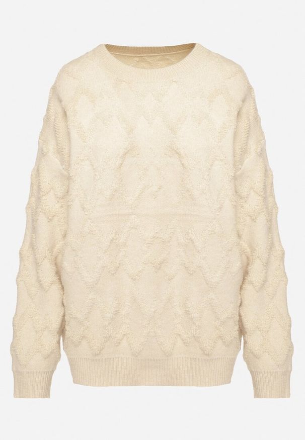 Born2be - Beżowy Sweter o Luźnym Kroju i Wzorzystym Splocie ze Ściągaczami Elondrae. Okazja: na co dzień. Kolor: beżowy. Materiał: jeans, bawełna. Długość rękawa: długi rękaw. Długość: długie. Wzór: ze splotem. Styl: elegancki, casual