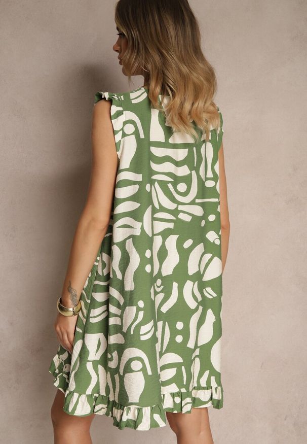 Renee - Zielona Rozkloszowana Sukienka w Abstrakcyjny Print z Dekoltem w Kształcie V Mevioraia. Okazja: na co dzień. Typ kołnierza: dekolt w kształcie V. Kolor: zielony. Wzór: nadruk. Styl: casual, klasyczny
