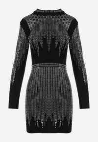 Born2be - Czarno-Srebrna Dopasowana Sukienka Mini w Cyrkonie Faola. Kolor: czarny. Wzór: aplikacja. Długość: mini #3