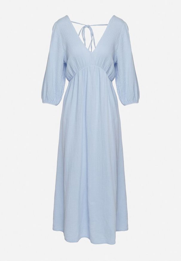 Born2be - Jasnoniebieska Rozkloszowana Bawełniana Sukienka Boho z Wiązaniem i Gumką w Talii Lawla. Okazja: na co dzień. Typ kołnierza: dekolt w kształcie V. Kolor: niebieski. Materiał: bawełna. Typ sukienki: rozkloszowane. Styl: boho