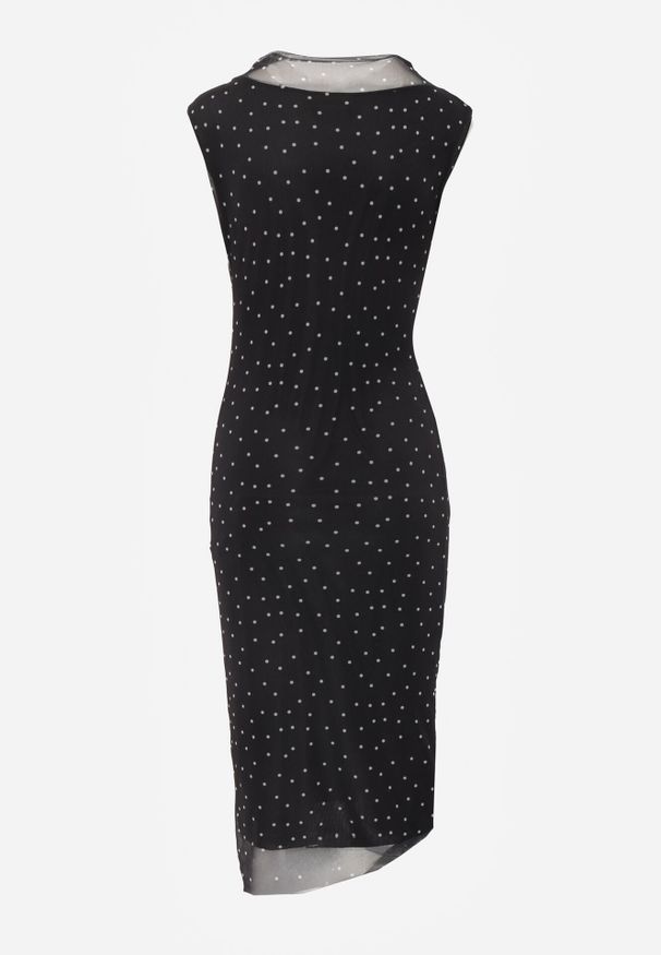 Born2be - Czarna Sukienka w Kropki z Dekoltem w Kształcie Łódki o Dopasowanym Fasonie Kallironis. Okazja: na spotkanie biznesowe, na co dzień. Typ kołnierza: dekolt w łódkę. Kolor: czarny. Materiał: materiał. Długość rękawa: bez rękawów. Wzór: kropki. Typ sukienki: proste, dopasowane. Styl: elegancki, biznesowy, casual