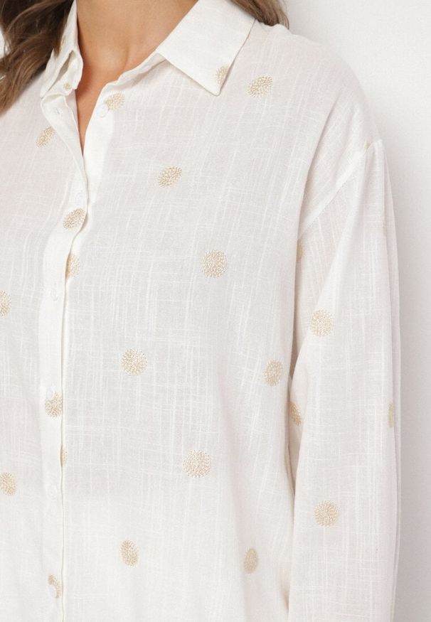 Born2be - Biała Koszula z Wiskozą i Lnem Ozdobiona Haftem Lisarena. Okazja: na co dzień. Typ kołnierza: kołnierzyk klasyczny. Kolor: biały. Materiał: wiskoza, len. Długość rękawa: długi rękaw. Długość: długie. Wzór: aplikacja, haft. Styl: elegancki, casual, klasyczny