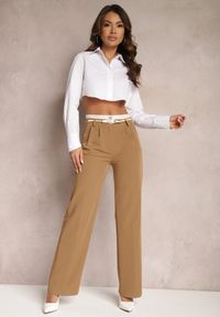 Renee - Jasnobrązowe Spodnie Garniturowe High Waist z Przeszyciami Variola. Stan: podwyższony. Kolor: brązowy. Styl: klasyczny #1