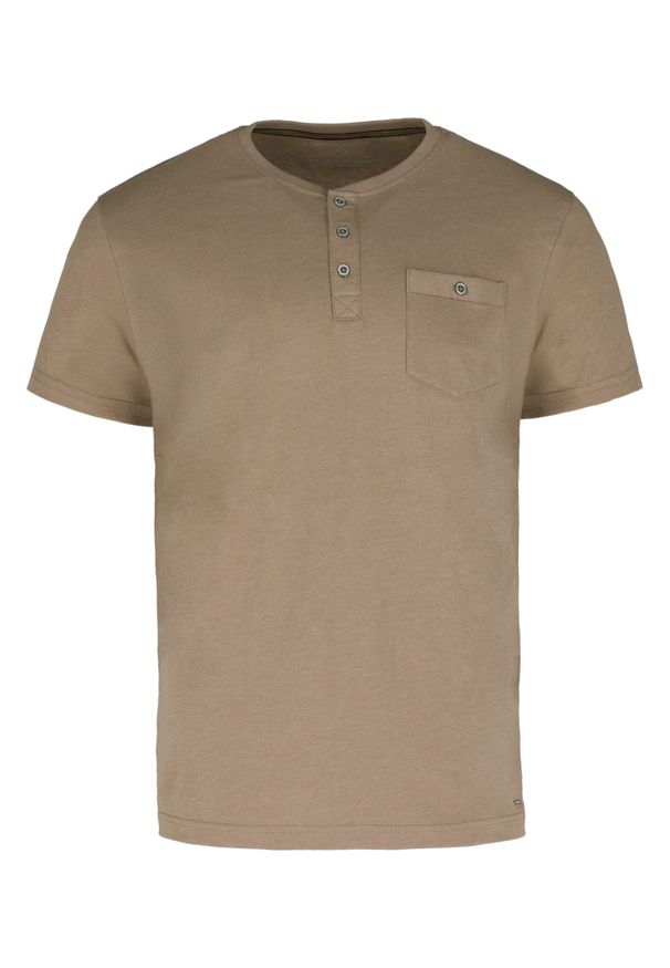 Volcano - T-shirt z dekoltem na guziki T-WARU. Okazja: na co dzień, na spacer. Typ kołnierza: typu henley. Kolekcja: plus size. Materiał: jeans, materiał, bawełna. Długość rękawa: krótki rękaw. Długość: krótkie. Wzór: melanż. Styl: klasyczny, casual, elegancki