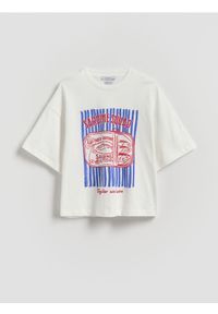 Reserved - Luźny t-shirt z nadrukiem - złamana biel. Materiał: bawełna. Wzór: nadruk