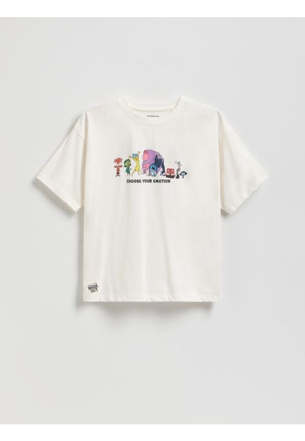 Reserved - T-shirt z nadrukiem Inside Out - złamana biel. Materiał: dzianina, bawełna. Wzór: nadruk