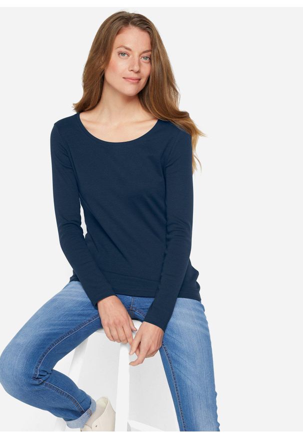bonprix - Bluzka z długim rękawem z czystej bawełny organicznej. Kolor: niebieski. Materiał: bawełna. Długość rękawa: długi rękaw. Długość: długie. Wzór: prążki