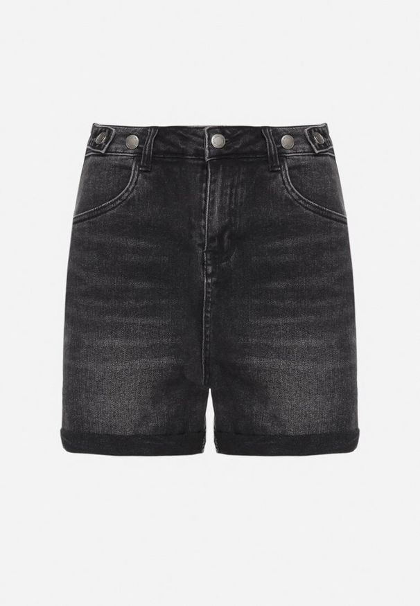 Born2be - Ciemnoszare Szorty Jeansowe z Wysokim Stanem z Metalicznymi Guzikami i Napami Ezorea. Stan: podwyższony. Kolor: szary. Materiał: jeans. Długość: krótkie. Sezon: lato