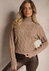 Renee - Ciemnobeżowy Golf z Imitacją Splotu ze Ściągaczami Giovarella. Okazja: na spotkanie biznesowe. Typ kołnierza: golf. Kolor: beżowy. Materiał: jeans. Długość rękawa: długi rękaw. Długość: długie. Wzór: ze splotem. Styl: biznesowy, elegancki #3