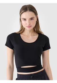 4f - 4F T-shirt crop top gładki damski - czarny S. Okazja: na co dzień. Kolor: czarny. Materiał: dzianina, bawełna, jersey, materiał, elastan. Długość rękawa: krótki rękaw. Długość: krótkie. Wzór: gładki. Styl: sportowy, casual
