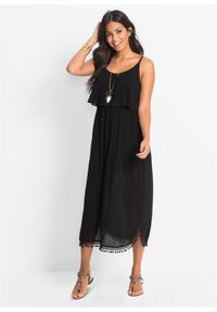 bonprix - Sukienka midi z falbaną. Kolor: czarny. Długość rękawa: bez ramiączek. Styl: elegancki. Długość: midi #1
