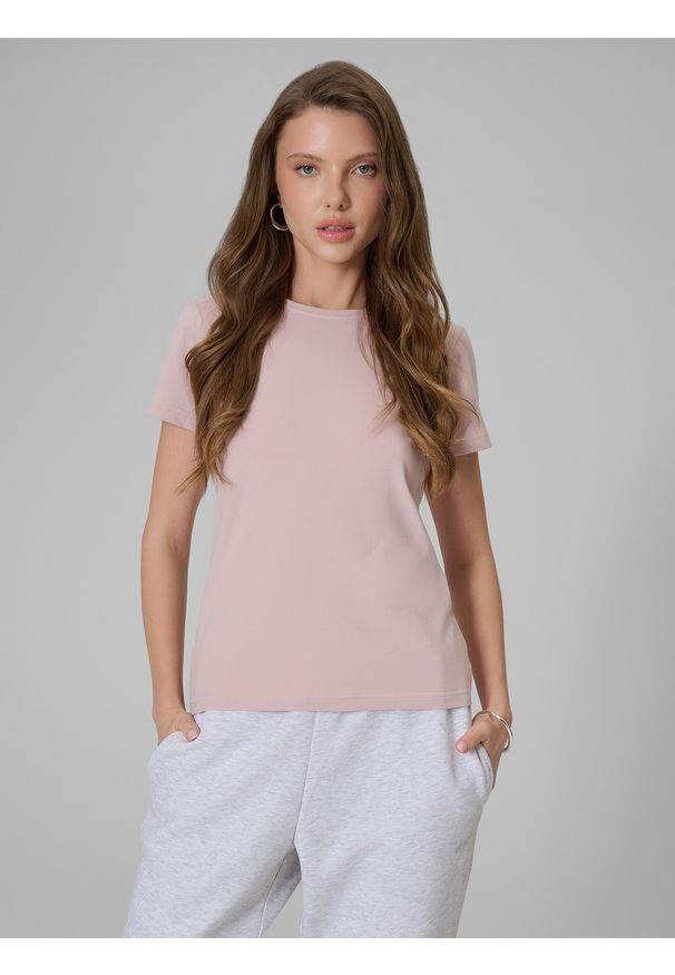 4f - 4F T-shirt slim gładki damski - różowy XXL. Okazja: na co dzień. Kolor: różowy. Materiał: dzianina, elastan, bawełna. Wzór: gładki. Styl: casual, klasyczny