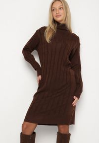 Born2be - Brązowa Sukienka Sukienka Sweterkowa z Bawełną Wełną i Golfem Ozdobiona Splotem Teralinne. Okazja: na co dzień. Typ kołnierza: golf. Kolor: brązowy. Materiał: wełna, bawełna. Wzór: aplikacja, ze splotem. Styl: klasyczny, casual