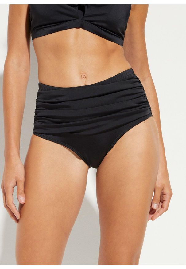 bonprix - Lekko modelujące figi bikini z wysokim stanem i falbanką. Stan: podwyższony. Kolor: czarny. Materiał: materiał