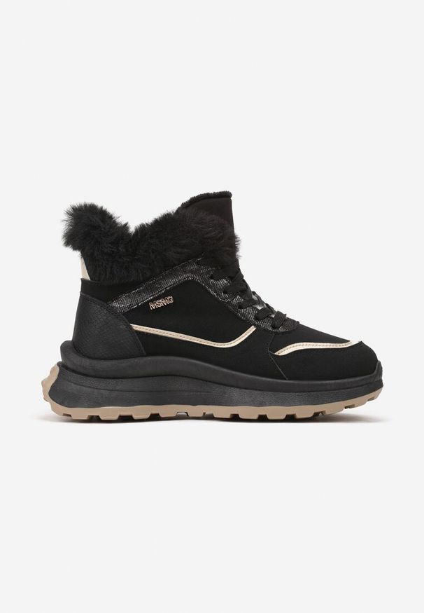 Born2be - Czarne Płaskie Trapery Sneakersy z Metaliczną Wstawką i Futerkiem Adelanora. Okazja: na co dzień. Nosek buta: okrągły. Zapięcie: sznurówki. Kolor: czarny. Materiał: futro. Sezon: zima. Obcas: na obcasie. Styl: klasyczny, elegancki, casual. Wysokość obcasa: niski