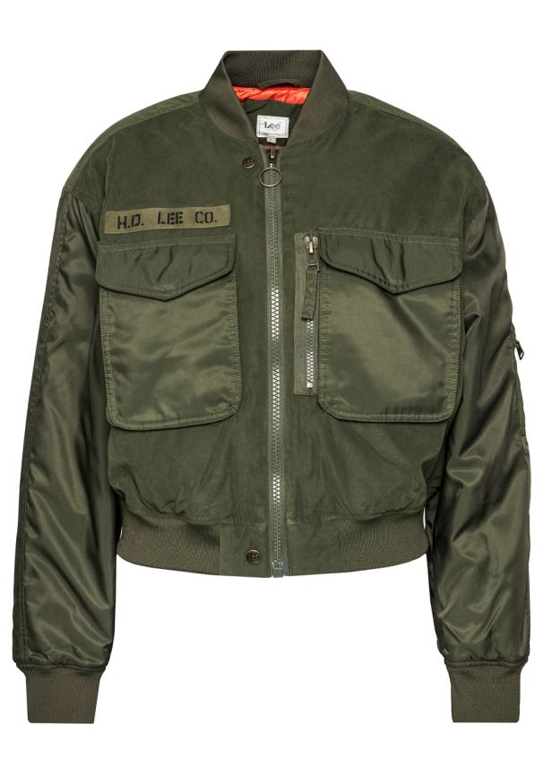 Lee - LEE SATEEN BOMBER DAMSKA KURTKA PRZEJŚCIOWA OLIVE GREEN L56EMMNX 112113030