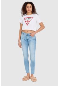 Guess - GUESS Biały krótki t-shirt damski bawełniany z surowym wykończeniem boxy fit, Rozmiar XL. Kolor: biały. Materiał: bawełna. Długość: krótkie #2