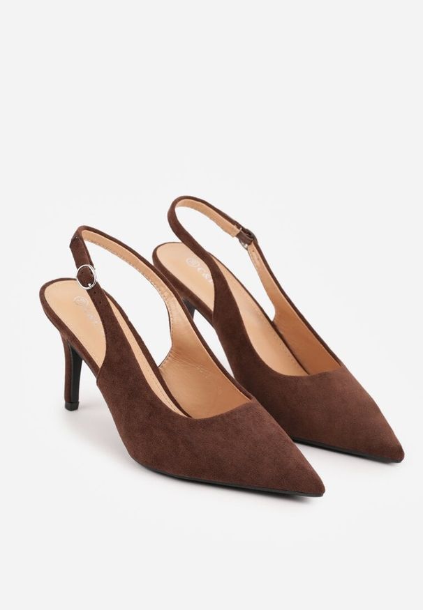 Renee - Brązowe Sandały na Szpilce w Stylu Slingback Tarosie. Okazja: na co dzień. Zapięcie: sprzączka. Kolor: brązowy. Materiał: jeans. Sezon: wiosna. Obcas: na szpilce. Styl: elegancki, casual