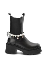 CheBello - Czarne Eleganckie Damskie Botki Chebello. Kolor: czarny. Materiał: skóra. Obcas: na obcasie. Styl: elegancki. Wysokość obcasa: niski