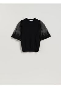 Reserved - Bluzka z ozdobnymi rękawami - czarny. Kolor: czarny. Materiał: dzianina, wiskoza #1