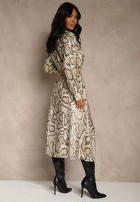 Renee - Beżowa Koszulowa Sukienka Snake Print z Wiskozą i Paskiem Bririn. Okazja: na co dzień. Kolor: beżowy. Materiał: wiskoza. Wzór: nadruk. Typ sukienki: koszulowe. Styl: casual #2